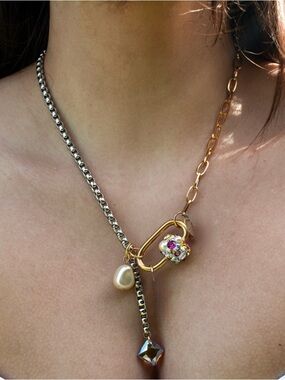 COREchaos carabiner necklace with Swarovski crystals, freshwater pearls 18-20”